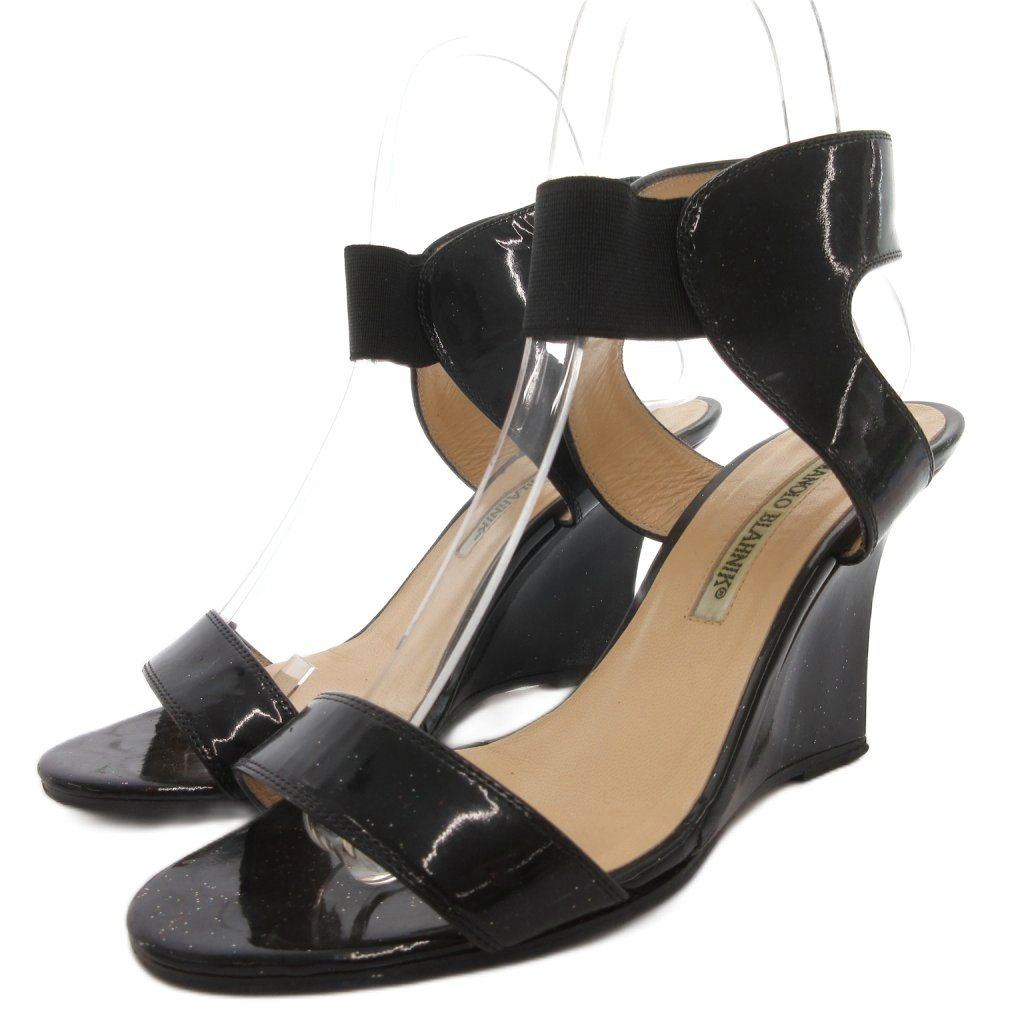 マノロブラニク MANOLO BLAHNIK サンダル エナメルレザー 34.5 ウエッジソール ヒール アンクルストラップ イタリア製 黒 ブラック /KB ■GY62
