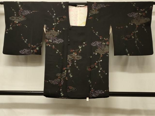 平和屋着物＃道行コート　寿光織　雲取り枝垂れ花文　黒地　銀糸　正絹　逸品　CABG8116in