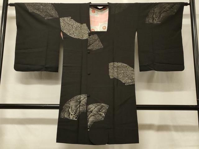 平和屋着物#道行コート 寿光織 地紙立波文 黒地 銀糸 ロング丈 正絹 逸品 CABG8125in