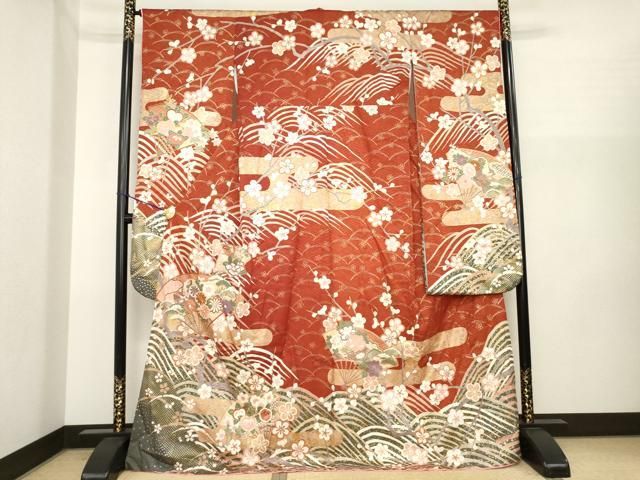 平和屋着物●振袖　駒刺繍　扇面吉祥花文　金彩　未使用　AABI8163ck 30,420円