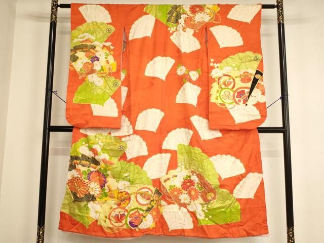 平和屋着物∵女の子　十三参り　子供　祝着　駒刺繍　扇面花文　金彩　逸品　AABI2820ja
