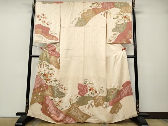 平和屋着物●訪問着　駒刺繍　絞り　道長草花文　金彩　正絹　逸品　CABH2435ut