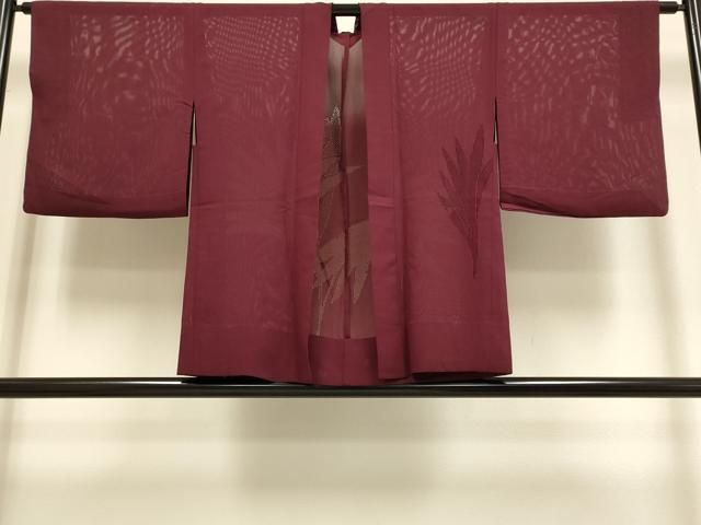 平和屋着物▽羽織　スリーシーズン　春夏秋　塵除け　草葉文　バーガンディー色　正絹　逸品　DABF5781du