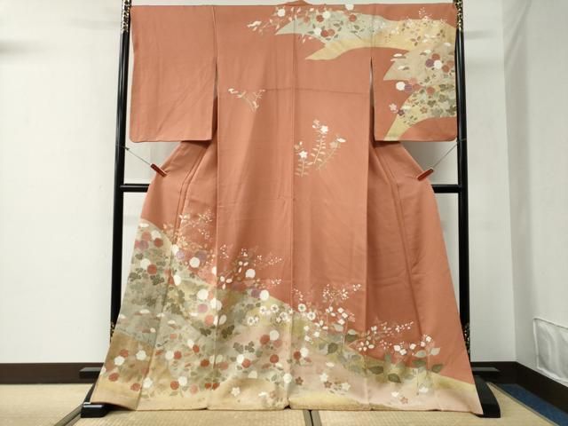 平和屋着物●訪問着　駒刺繍　枝花文　金彩　ロング丈　正絹　逸品　CABG0426yc