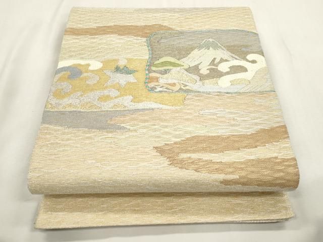 平和屋着物▽太鼓柄袋帯　スリーシーズン　春夏秋　すくい織　流水遠山文　金銀糸　正絹　逸品　CABH6618dy