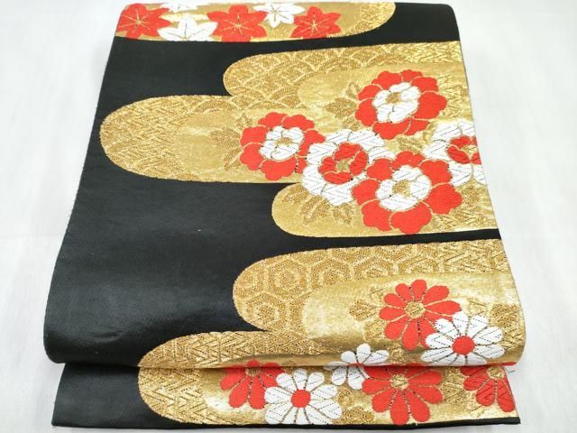 平和屋着物[]女の子　子供　全通柄袋帯　エ霞花文　黒地　金糸　逸品　DABE7479ma