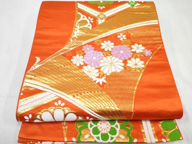 平和屋着物[]女の子　子供　全通柄袋帯　孔雀亀甲花文　金糸　逸品　DABE7482ma