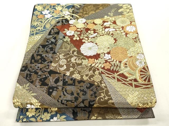 平和屋着物●六通柄袋帯 色紙重ね草花文 金銀糸 正絹 逸品 CABH6680dy