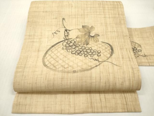 平和屋着物＊夏物　九寸名古屋帯　手描き　籠皿に葡萄　麻　逸品　DABF0476ea