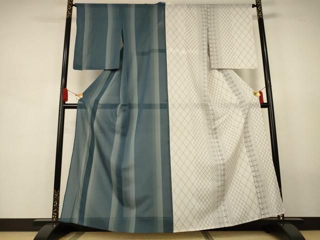 平和屋着物＊夏物　小紋　紗　片身替わり　格子　縞　洗える着物　AABJ9014jd