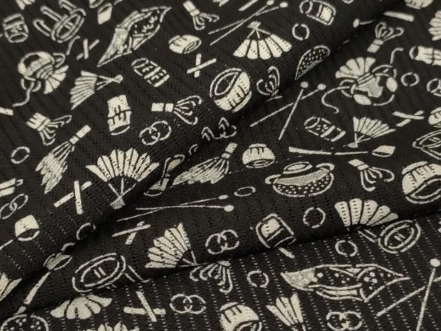 平和屋着物＊夏物　小紋　縦絽　茶道具　黒地　正絹　逸品　AABJ9032jd