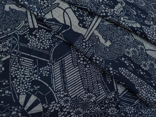 平和屋着物∴夏物　浴衣　注染　御所車舞蝶草花文　手縫い　綿　逸品　CABH7879ze