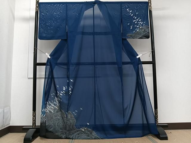 平和屋着物＊夏物　訪問着　絽　立波飛鶴文　月　金銀彩　洗える着物　CABI3864xi