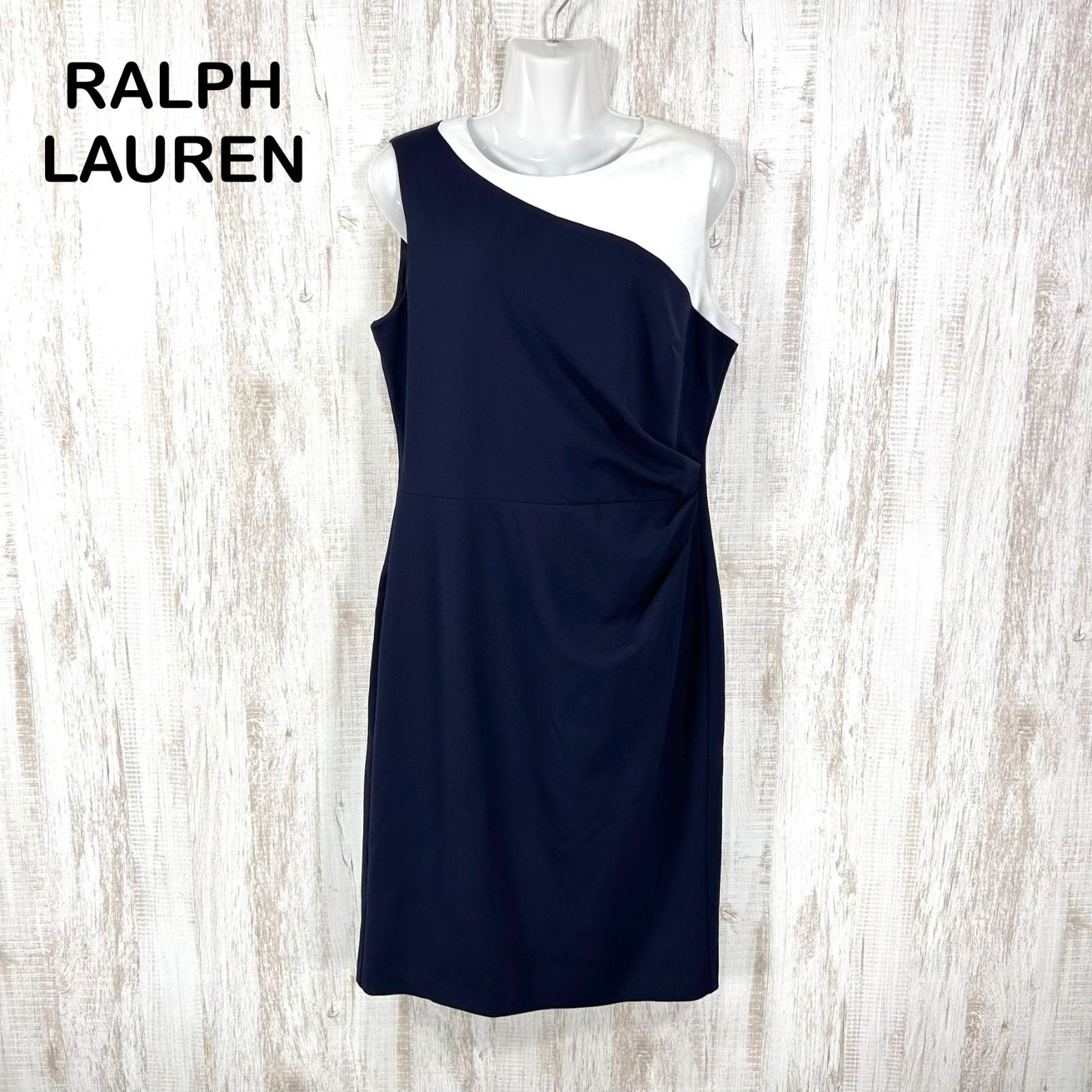 新品未使用 LAUREN RALPH LAUREN ローレンラルフローレン バイカラー ドレープ ノースリーブワンピース ホワイト ネイビー