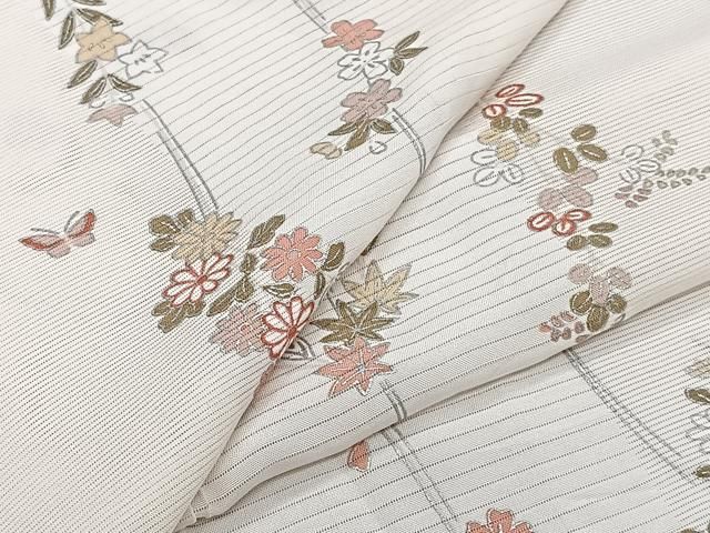 平和屋着物＊夏物　小紋　絽　花蝶文　銀彩　正絹　逸品　CABI3875xi