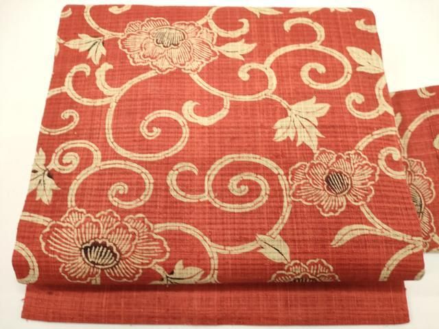 平和屋着物＊夏物　全通柄九寸名古屋帯　型染め　花唐草文　正絹　逸品　DABH1784cd