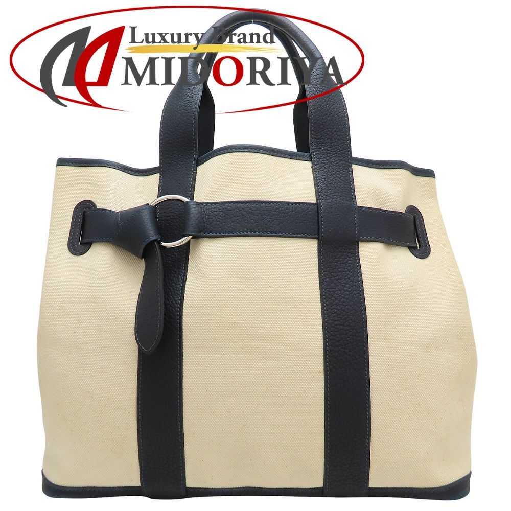 HERMES エルメス プティットサンチュールMM トートバッグ □K刻印 2007年 トワルアッシュxレザー アイボリー ネイビー レディース/353321【中古】
