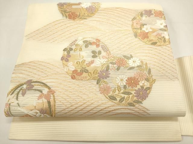 平和屋着物＊夏物　九寸名古屋帯　唐織　流水花丸文　金糸　正絹　逸品　DABH1792cd