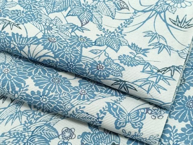 平和屋着物＊夏物　小紋　絽　藍　型染め　舞蝶草花文　正絹　逸品　CABI6470ou