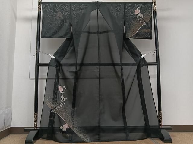 平和屋着物＊夏物　訪問着　絽　羽花文　黒地　金彩　洗える着物　CABI3917xi