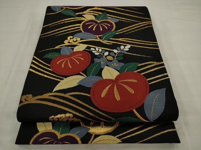平和屋着物●六通柄袋帯　唐織　立波花文　黒地　金糸　正絹　逸品　AABJ7045pf