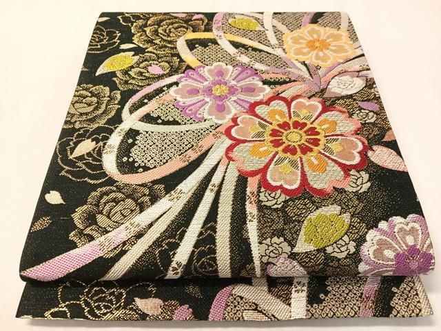 平和屋着物●六通柄袋帯　熨斗花文　黒地　金糸　正絹　逸品　CABI4374vp