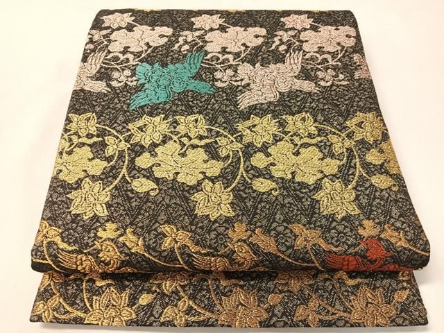 平和屋着物●六通柄袋帯　四季しまつづれ　飛鳥花文　黒地　金糸　正絹　逸品　未使用　CABI4378vp