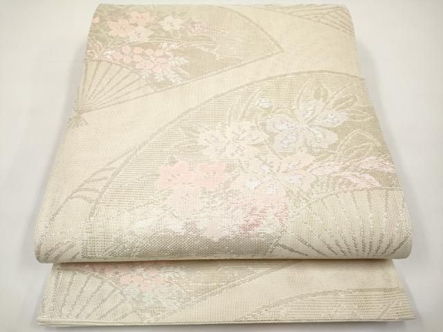 平和屋着物＊夏物　六通柄袋帯　扇面流水草花文　銀糸　正絹　逸品　CABI8584tx