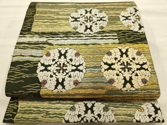 平和屋着物●六通柄袋帯　横波花丸文　寿宝　モール　金銀糸　正絹　逸品　AABJ7553sx