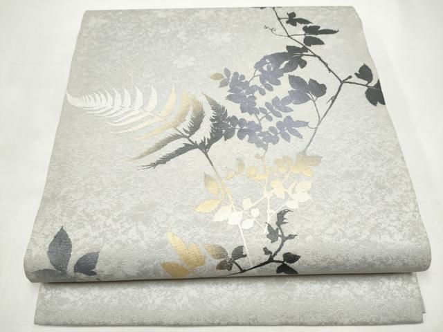 平和屋着物●太鼓柄袋帯　枝葉文　銀通し地　正絹　逸品　CABI9034hy
