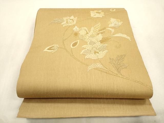 平和屋着物▽太鼓柄袋帯　スリーシーズン　春夏秋　総刺繍　更紗鳥文　金糸　正絹　逸品　未使用　CABI7541dy