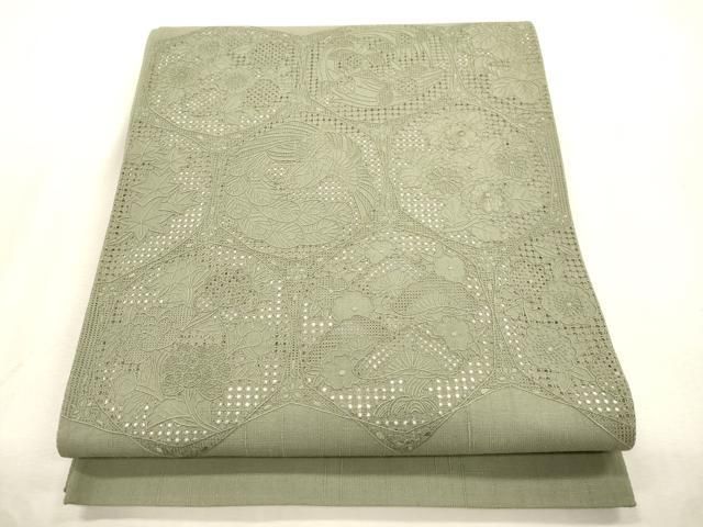 平和屋着物●中国三大刺繍　スワトウ刺繍　相良刺繍　総刺繍　太鼓柄袋帯　紬地　中国伝統工芸　花鳥丸文　鶸茶色　正絹　逸品　CABI7544dy
