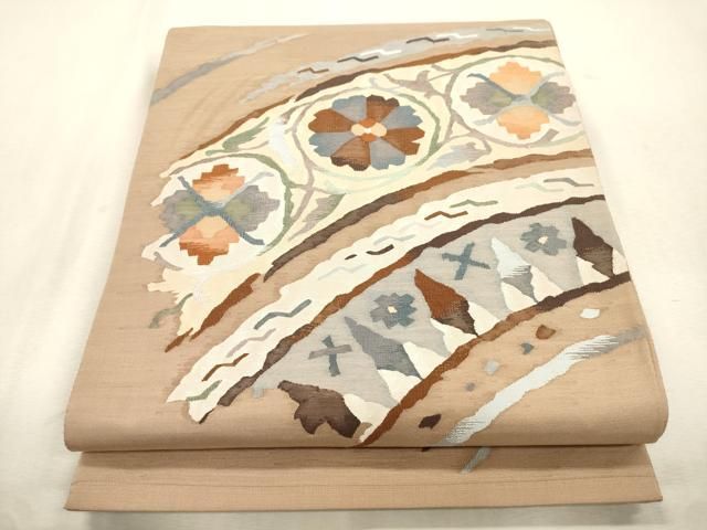 平和屋着物●太鼓柄袋帯　すくい織　草花文　正絹　逸品　CABI7545dy