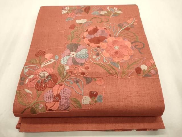 平和屋着物●太鼓柄袋帯　紬地　総刺繍　草花文　正絹　逸品　CABI7546dy