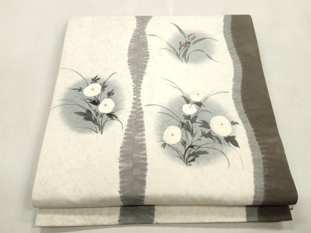 平和屋着物●六通柄袋帯　紬地　絞り　刺繍　草花丸文　金彩　正絹　逸品　CABI7560dy