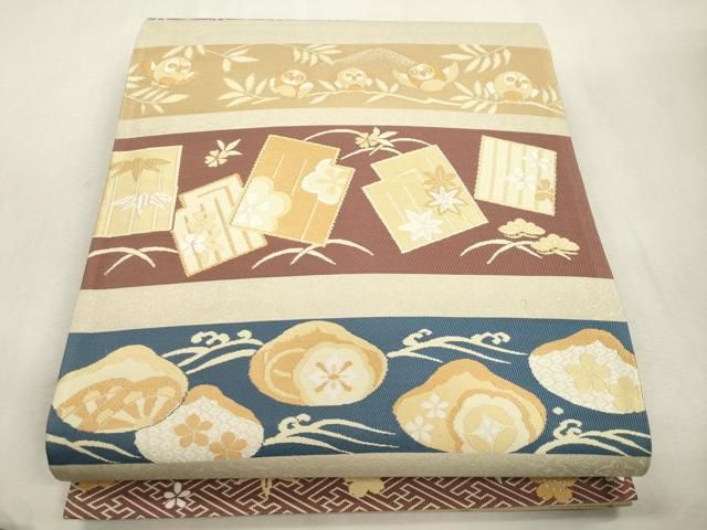 平和屋着物●両方向　全通柄袋帯　横段宝尽くし文　金糸　さが美扱い　正絹　逸品　CABI7567dy