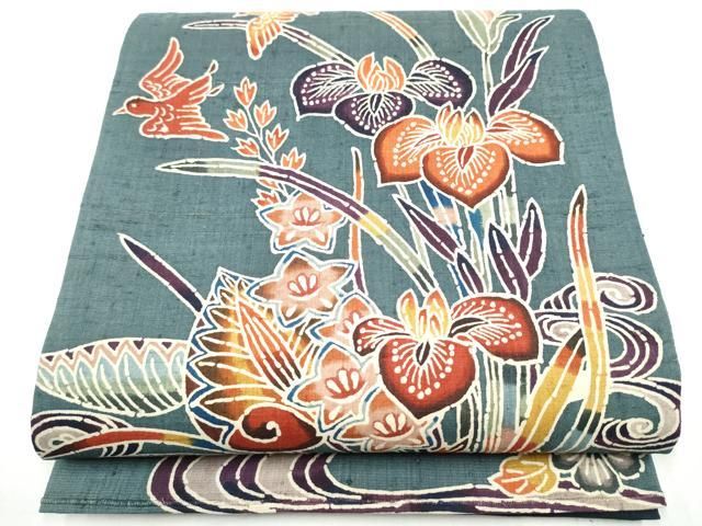 平和屋着物●太鼓柄袋帯　型染め　生紬　型染め　花鳥文　正絹　逸品　CABI9096hy