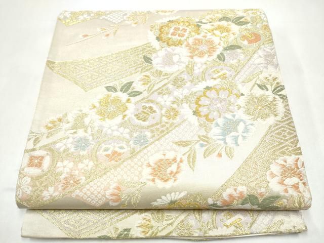 平和屋着物●六通柄袋帯　熨斗草花文　金糸　正絹　逸品　CABI9158hy