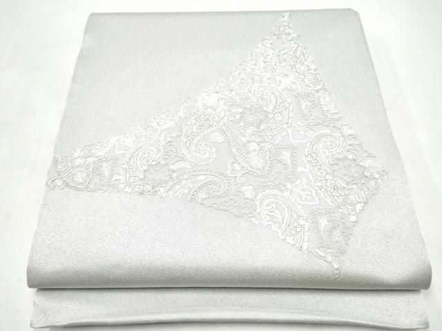 平和屋着物●太鼓柄袋帯　総刺繍　花唐草文　銀通し地　正絹　逸品　CABI9165hy