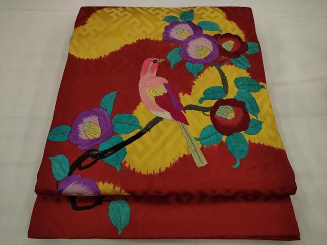 平和屋着物●アンティーク　大正ロマン　太鼓柄京袋帯　総手刺繍　休み鳥　正絹　逸品　AABJ7102pf