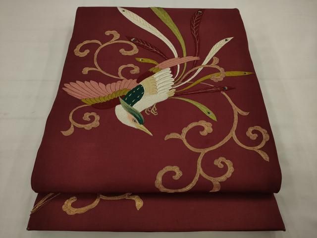 平和屋着物●アンティーク　大正ロマン　太鼓柄京袋帯　総手刺繍　鳳凰　金糸　正絹　逸品　AABJ7103pf