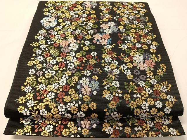 平和屋着物●西陣　山下織物謹製　六通柄袋帯　唐織　葉桜　黒地　金糸　証紙付き　正絹　逸品　未使用　CABJ0508vp