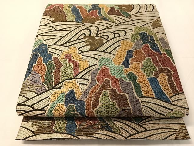 平和屋着物●六通柄袋帯　唐織　立波文　金糸　正絹　逸品　未使用　CABJ0509vp