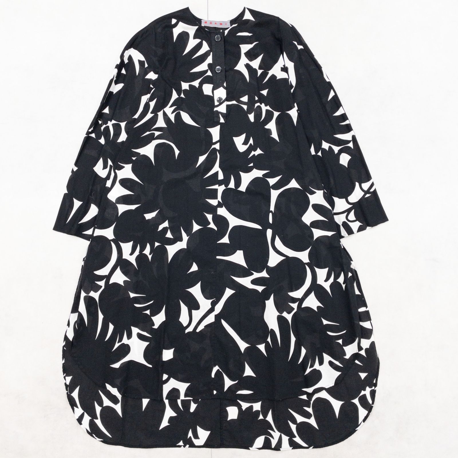 MARNI マルニ シャツワンピース ノーカラー プルオーバー 花柄 総柄 コットン ブラック ホワイト イタリア製 レディース 42 b01597
