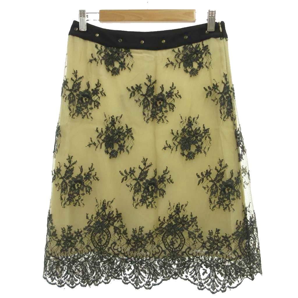 レッド ヴァレンティノ RED VALENTINO フレアスカート 花柄レース ミディ丈 40 ベージュ スタッズ付き ウエスト切り替え シアー感 /SD