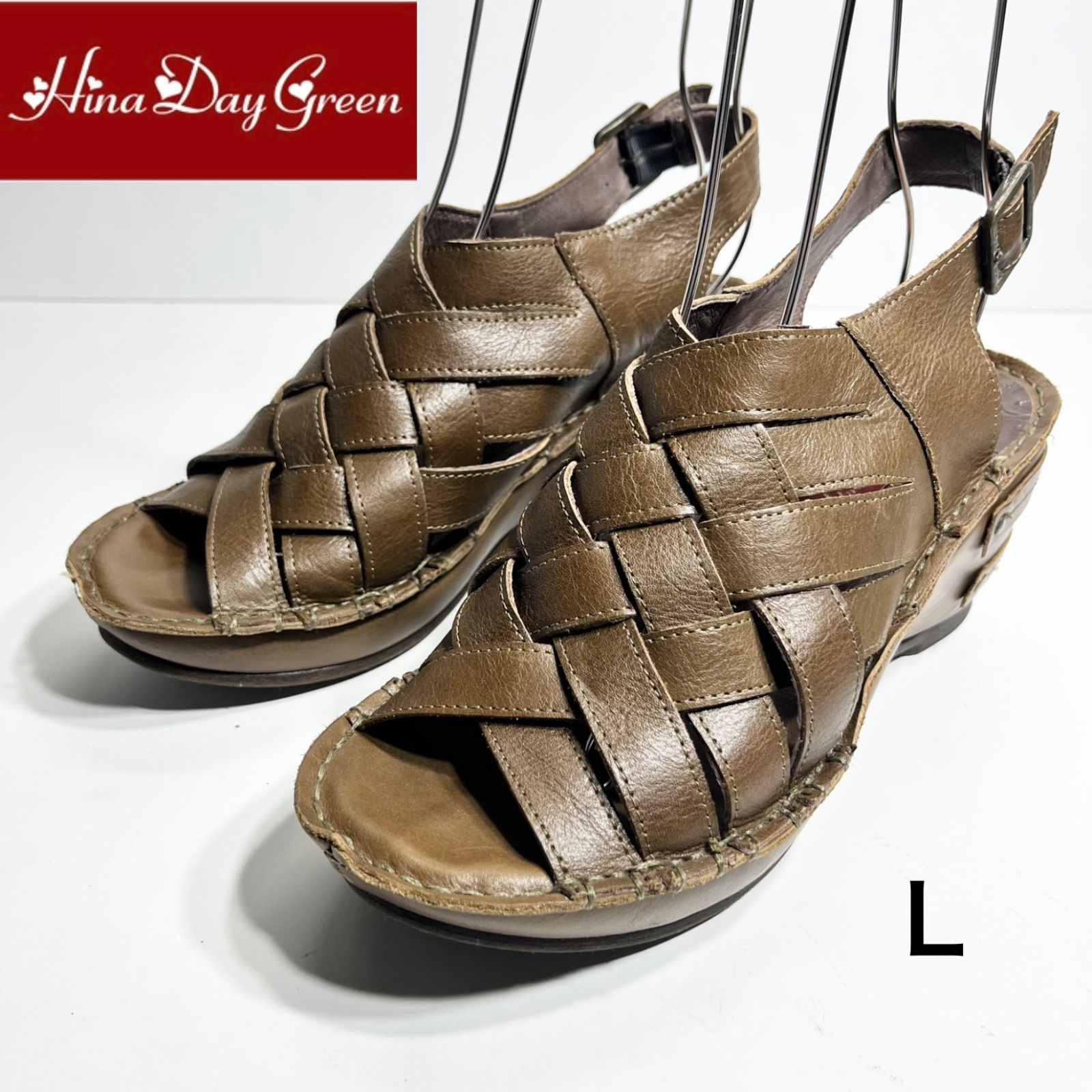 未使用】Hina Day Green ヒナデイグリーン 本革 編み込み ウェッジ