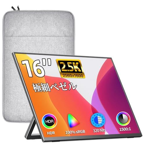 R★kksmart モバイルモニター 16インチ 自立型 薄型 軽量730g ベゼルレス 100%sRGB広色域 2K解像度（2560x1600）WQXGA 画像比調整可能 非光沢IPSパネル 収納ケース付 モバイルディスプレイ Type-C a54d7b16