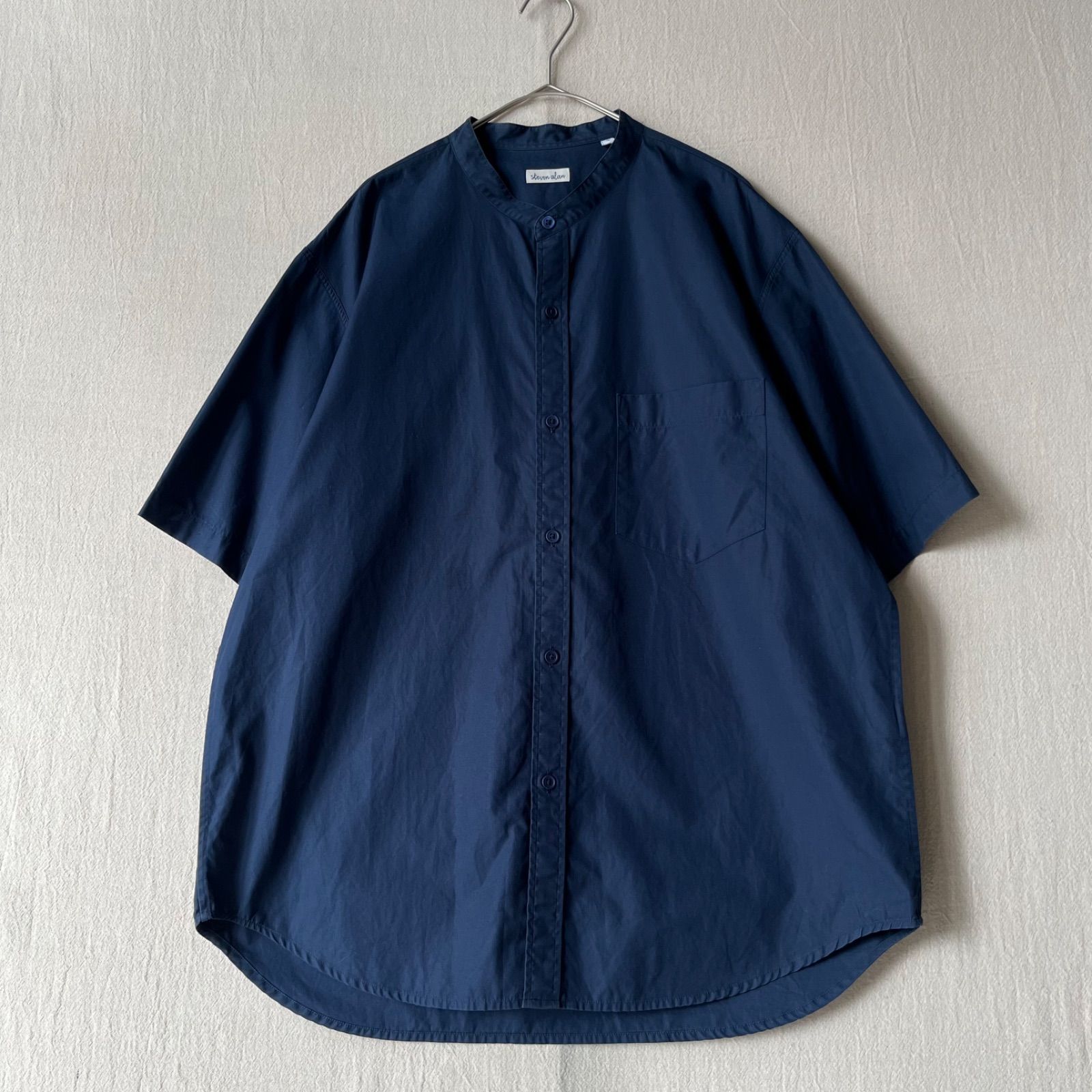 STEVEN ALAN バンドカラー シャツ / M コットン ネイビー 半袖 日本製 T6-06042-9319