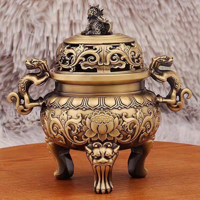 銅製 香炉 獅子 蓮華文様 三足 香道具 装飾品 工芸品 置物
