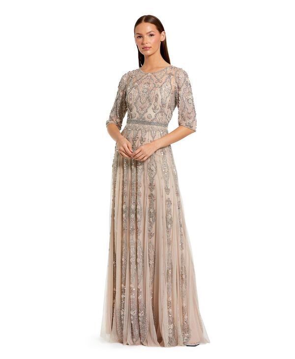 マックダガル レディース トップス ワンピース A ライン Mac Duggal Womens Beige 34 Sleeve Embellished Aline Gown Vintage lilac